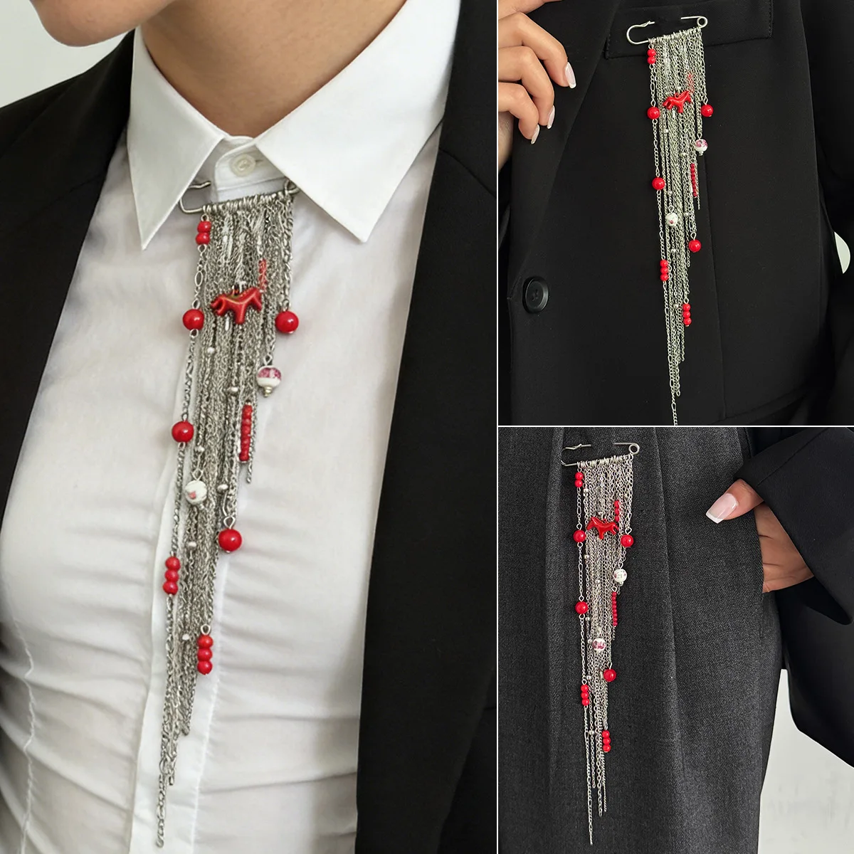 Brooch Statement Long Chain Tassel Pony Charm Beaded Multipurpose Fastening Pin for Women Daily Wear Durable Rose Gold