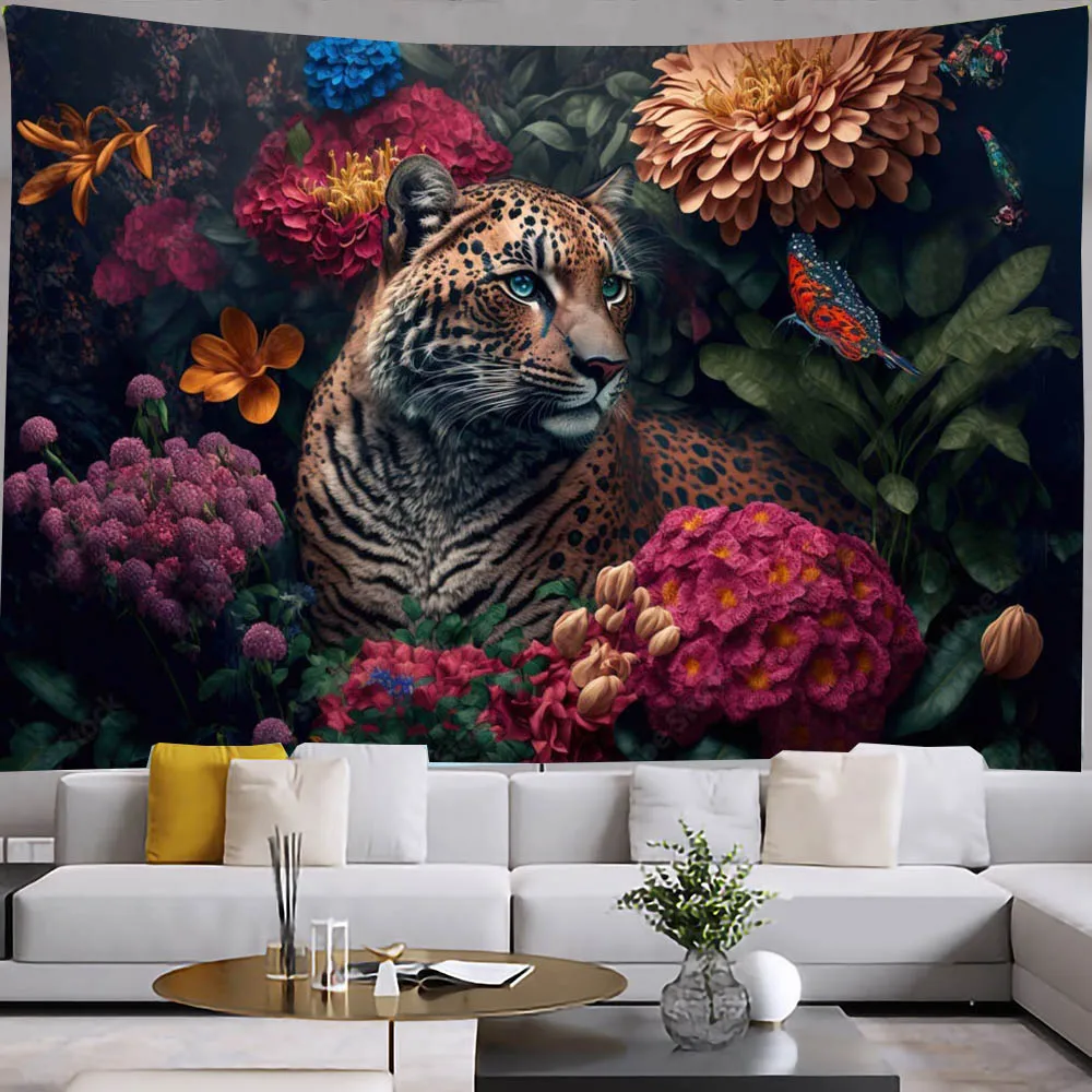 Animal Leopard Tapestry Cheetah Flowers Wall Cover Cloth Panther Colorful Floral Bedroom Living Room Decor Wall Hanging Blanket