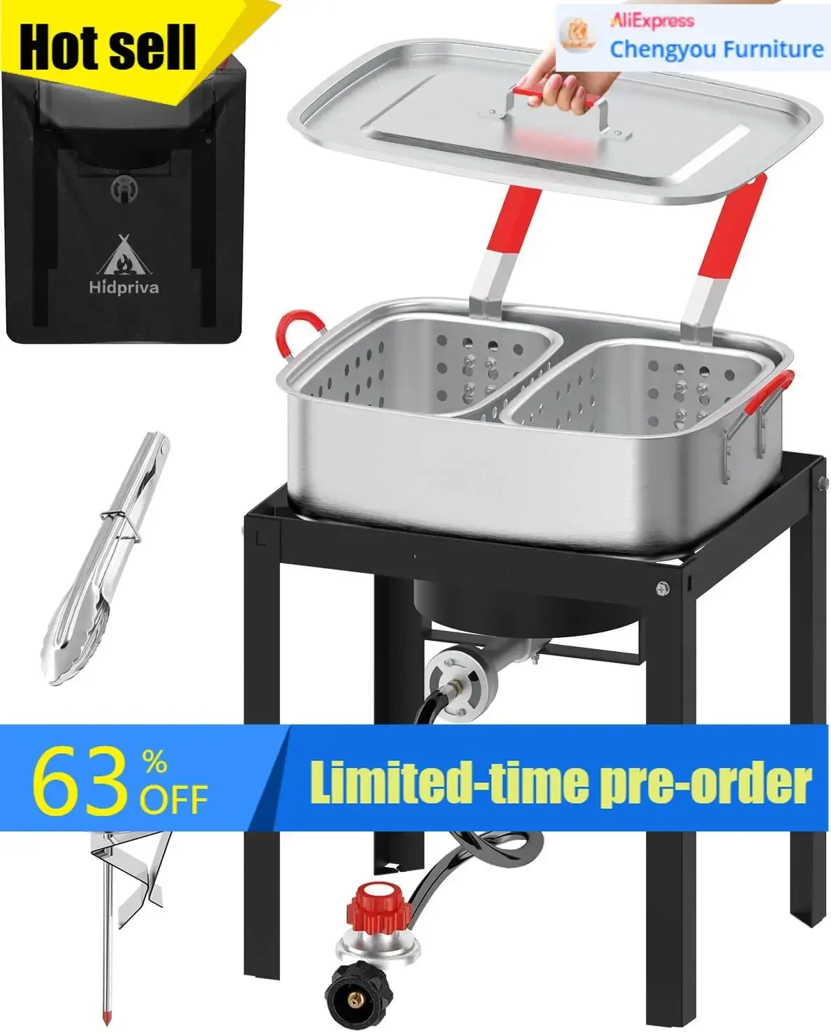 18Qt Propane Outdoor Deep Fryer With Cover Two Baskets Aluminum Pot Lid Thermometer Tongs Csa Approved For Fish Fries Wings
