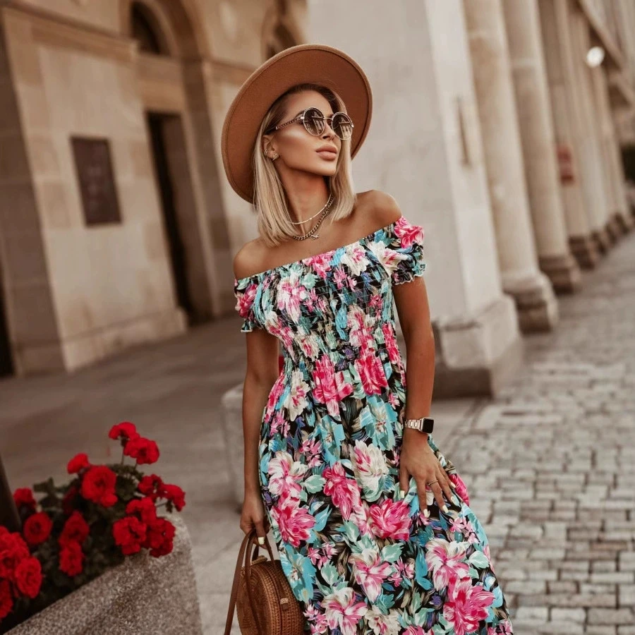 

Summer Women Print Dress Fashion Sexy V Neck Short Sleeve Off Shoulder Casual Elegant Maxi Dresses Female Clubwear Casual Dress