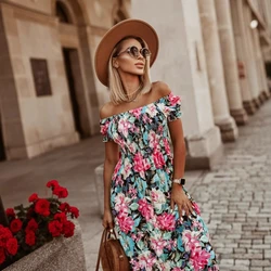 Summer Women Print Dress Fashion Sexy V Neck Short Sleeve Off Shoulder Casual Elegant Maxi Dresses Female Clubwear Casual Dress
