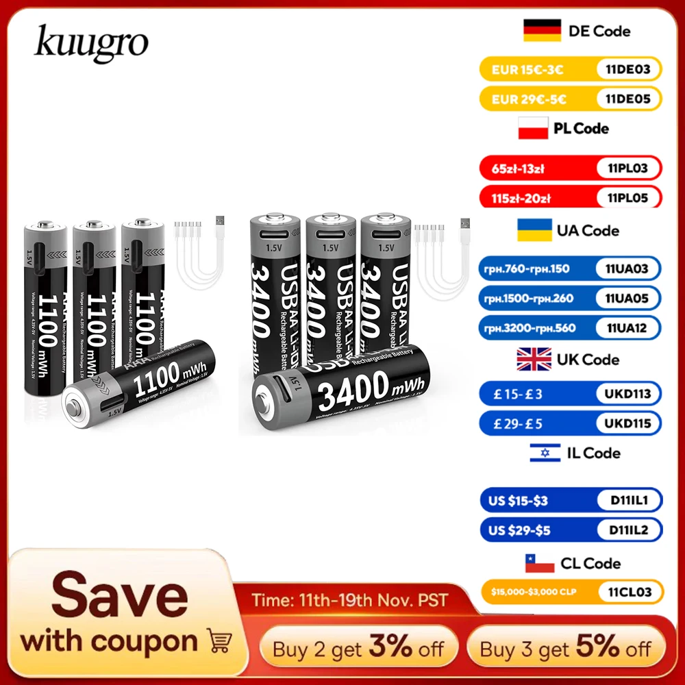 Kuugro Li-ion AAA and AA Rechargeable Batteries USB Lithium-ion 3400mWh 1.5V AA Rechargeable Batteries+1100mWh 1.5V AAA Battery