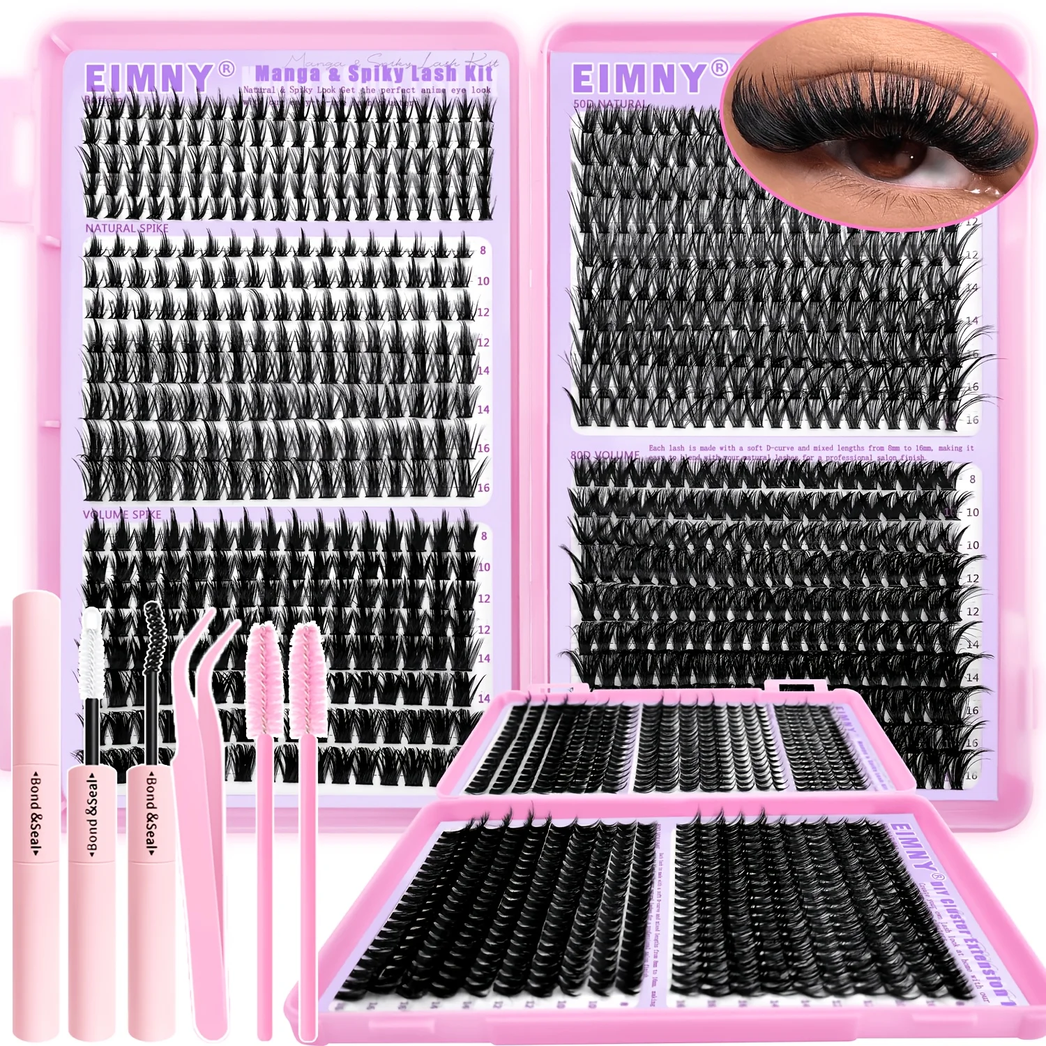 EIMNY Manga & Spiky Lash Kit DIY Cluster Wimpernverlängerung Gemischte Längen 8-16mm Einzelwimpern Anfängerfreundlich Wispy Lashes