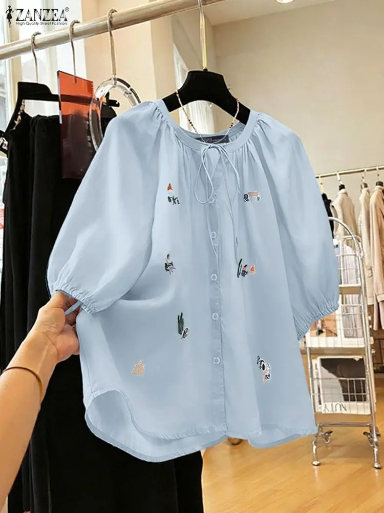

Women Embroidered Blouse ZANZEA Summer Office Shirt Elegant Short Puff Sleeve Blusas Casual O Neck Loose Tops Female Mujer 2025