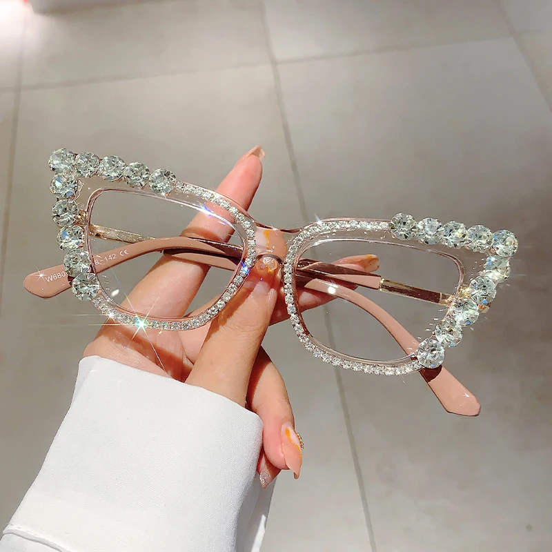 KAMMPT Cat Eye Women Eyeglasses with Rhinestones Stylish Vintage Blue Light Blocking Eyewear Trendy Original Candy Color Glasses