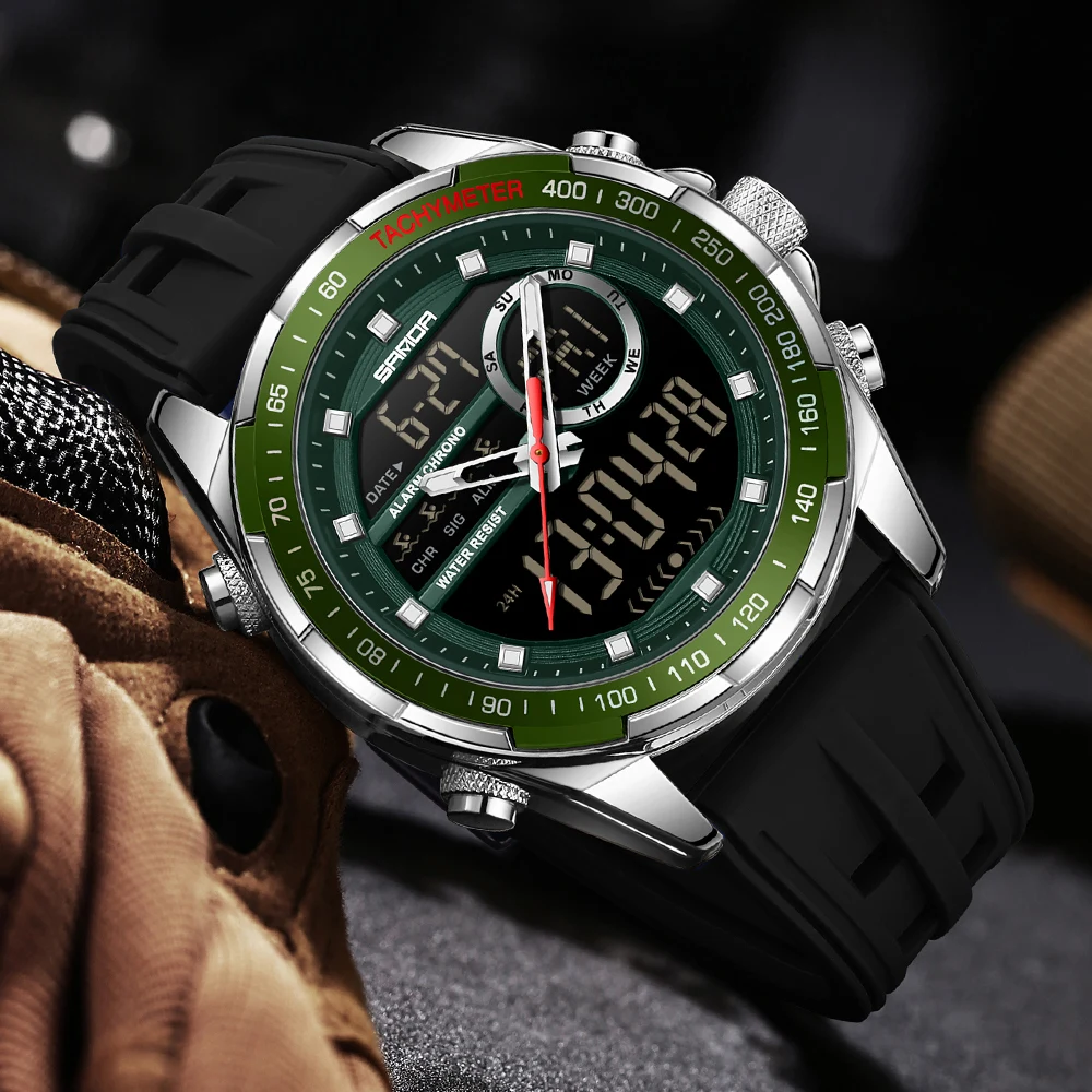 SANDA Men Military Style Digital Sport Wristwatch Silicone Waterproof Dual Time Alarm Man Watch Outdoor Army Sports Watch