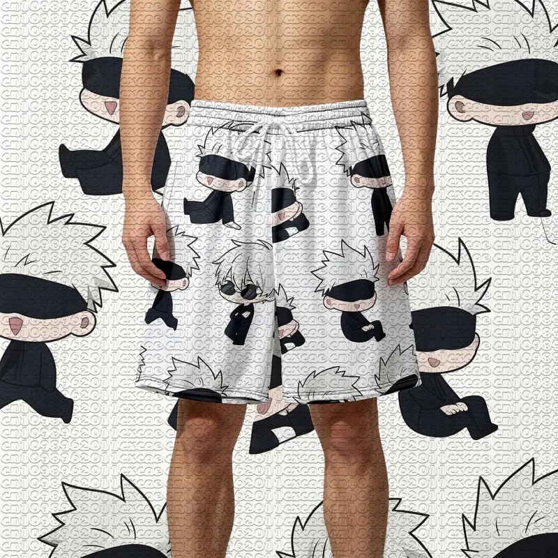 Unisex Summer Quick Dry Breathable Sports Shorts Jujutsu Kaisen Kawaii Chibi Cartoon Full Print Beach Lounge Drawstring Pants