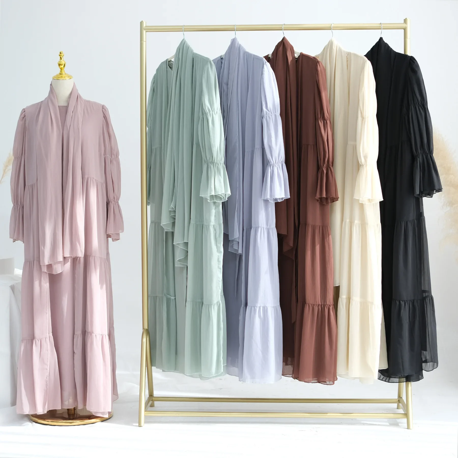 ชีฟอง SHEER เปิด Abaya ชุด Hijabi มุสลิมสตรี Ramadan เสื้อผ้าอิสลามดูไบตุรกี Kaftan Crepe Kimono เปิด Abayas