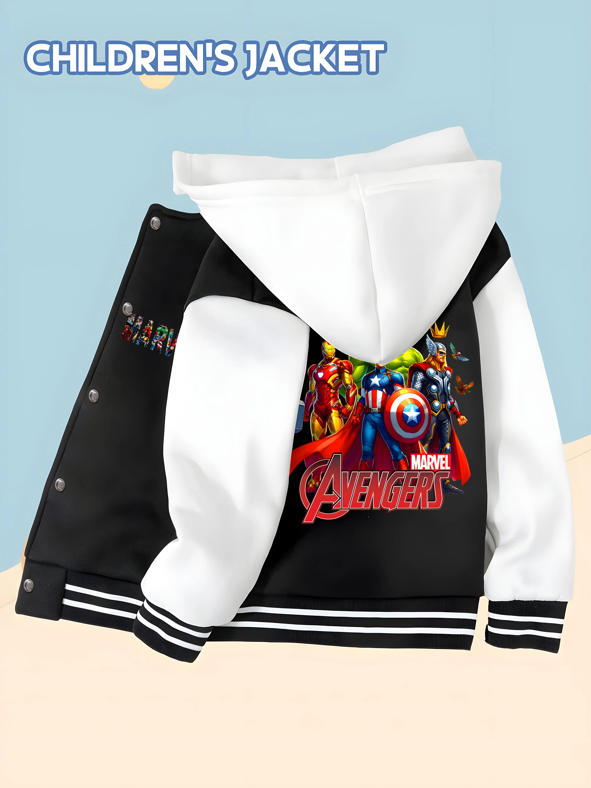 

MINISO Marvel Avengers Kids Baseball Jacket - Black and White, Soft Skin-Friendly Fabric, Autumn and Winter Casual Jacket, Daily