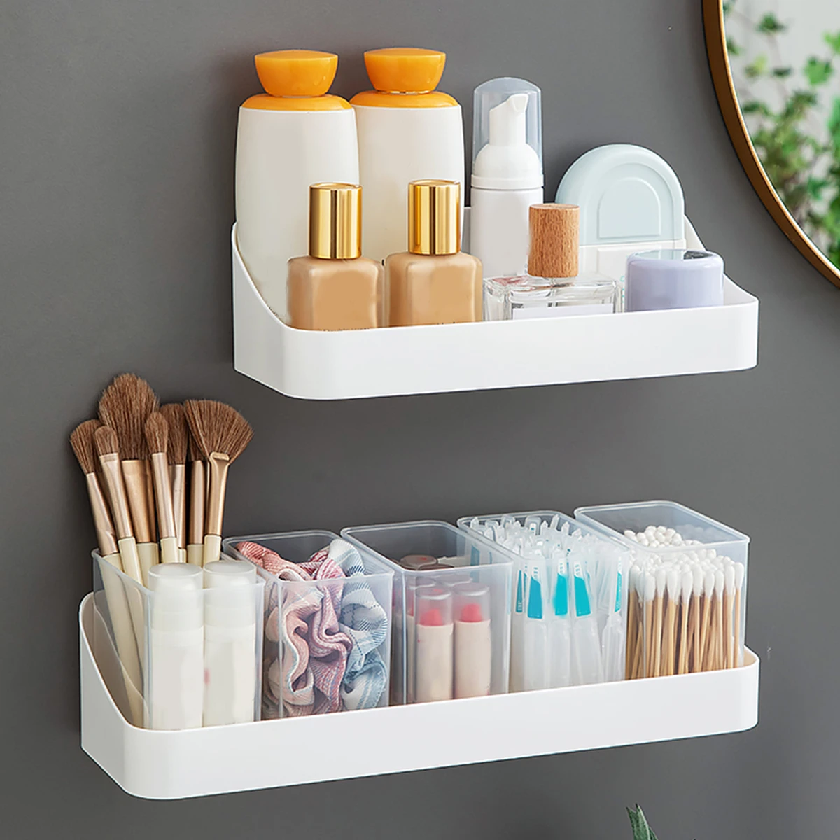 Organizador de Gabinete de Baño, Estante de Almacenamiento de Plástico Montado en la Pared, Sin Perforaciones, Estantes de Almacenamiento de Cosméticos para el Cuidado de la Piel, Ahorro de Espacio