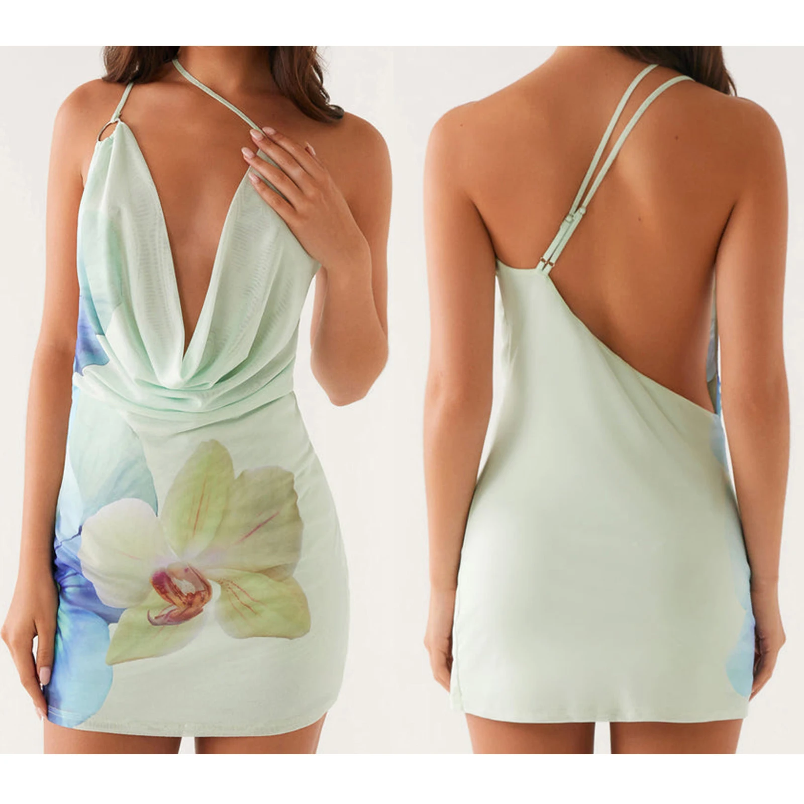 Mulheres halter malha sheer floral mini vestido capuz pescoço gravata sem costas vestido de malha curto y2k bodycon aberto volta noite vestidos de festa