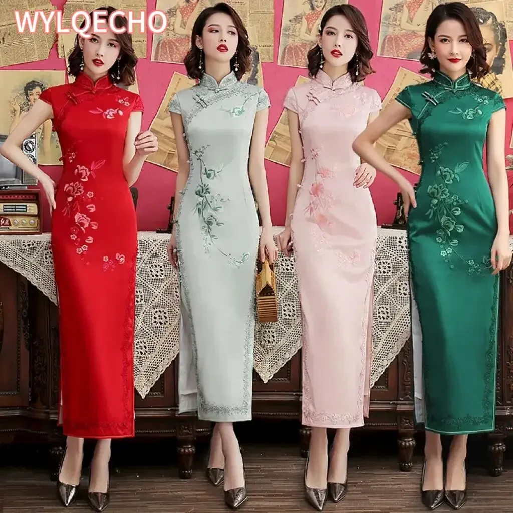 

Silk Embroidered Long Cheongsam 2023 New Lace Edge Improved Qipao Chinese Style Evening Dresses Woman Ceremony Dress