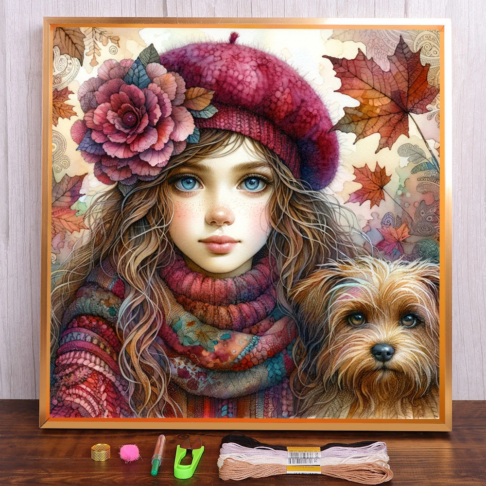 Retrato menina cão impresso lona 11ct ponto cruz bordado kit tricô bordado artesanato pintura jóias design agulha