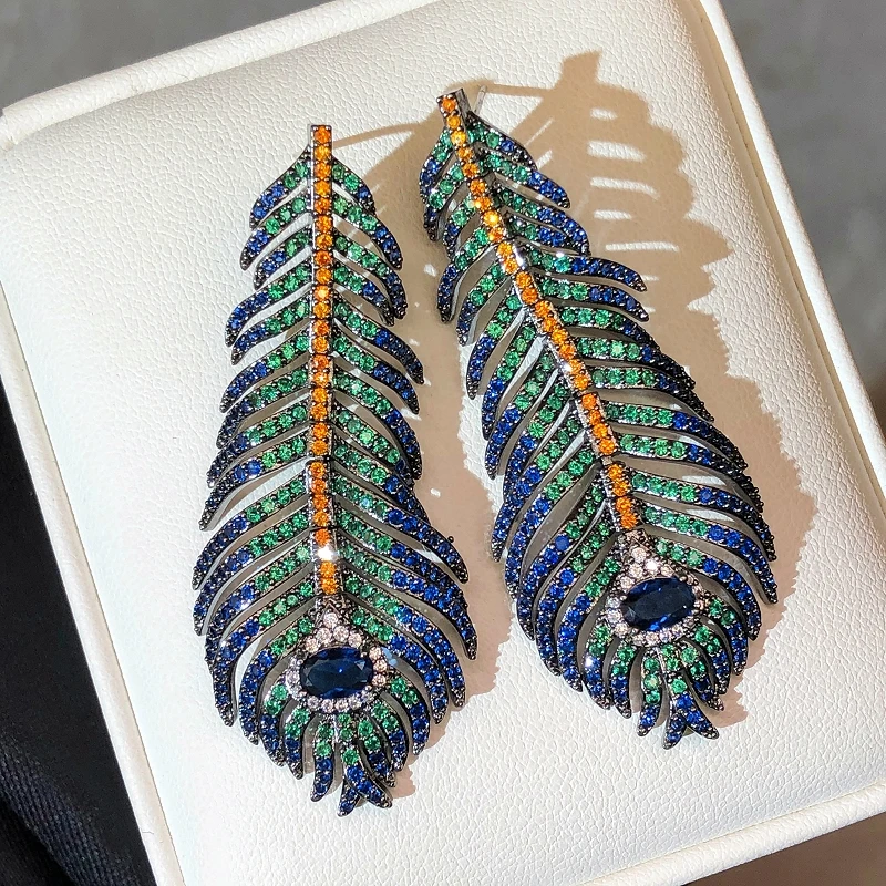 Long tassel peacock feather earrings for women Premium color weddimg bride jewelry