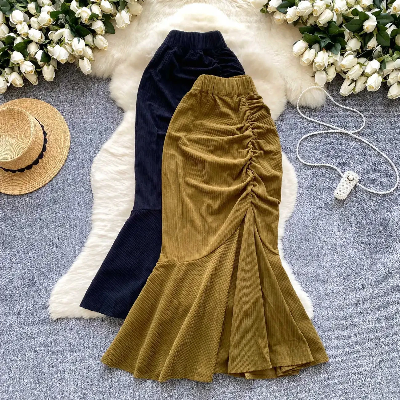 

Corduroy Midi Skirt Women 2025 Spring Folds High Waist Slim Fit Fishtail Ruffled Skirts Fashion Versatile Faldas