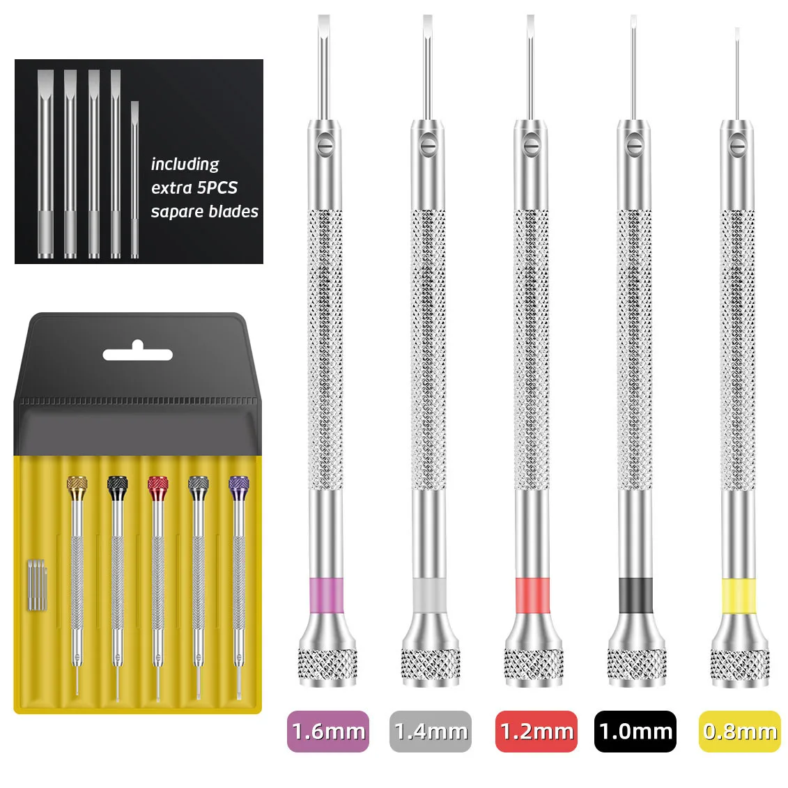 5pcs/set 0.8-1.6mm Steel Screwdriver for Watch Camera Mobile Repair Portable Watch Tools with Spare Blades Watchmaker Tools