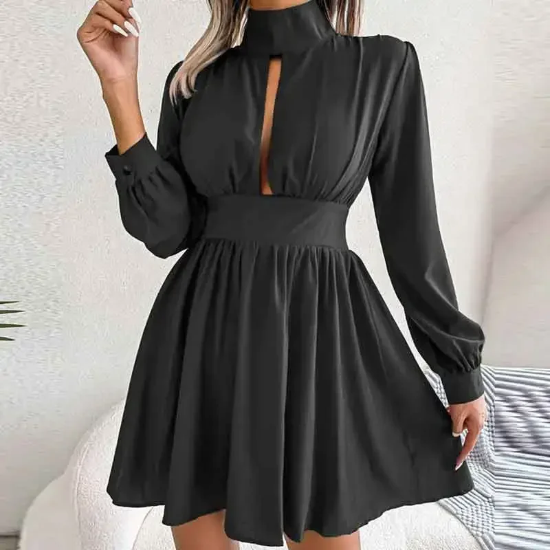 

New Arrivals Women Lantern Sleeve Turtleneck Hollow Out Sexy Dress Women Solid Pleated Slim Fit Patchwork Dress Spring Summer