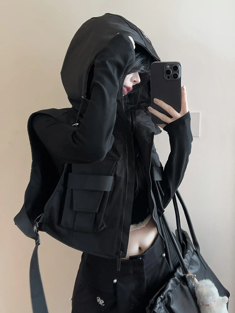 Sweet Cool Street Style Design Multi-Pocket Workwear Hooded Vest Casual All-Match Short Length Women's Top Fashionable Cardigan
