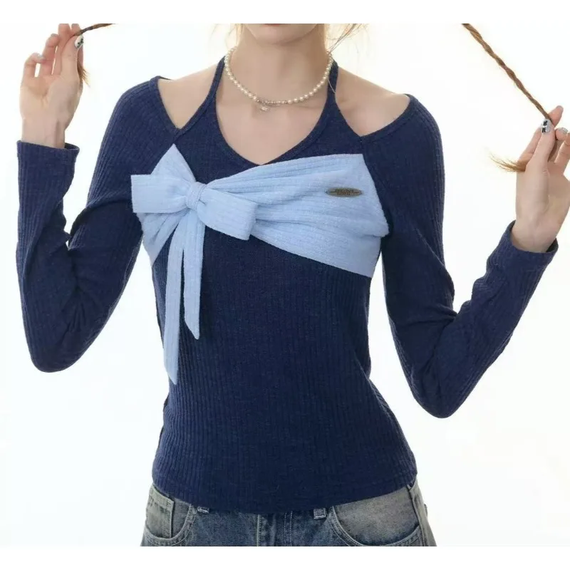 

2025 Autumn and Winter American Design Sense Contrasting Color Splicing Bow Neck Top Long Sleeve T-shirt Knitted Sweater Women