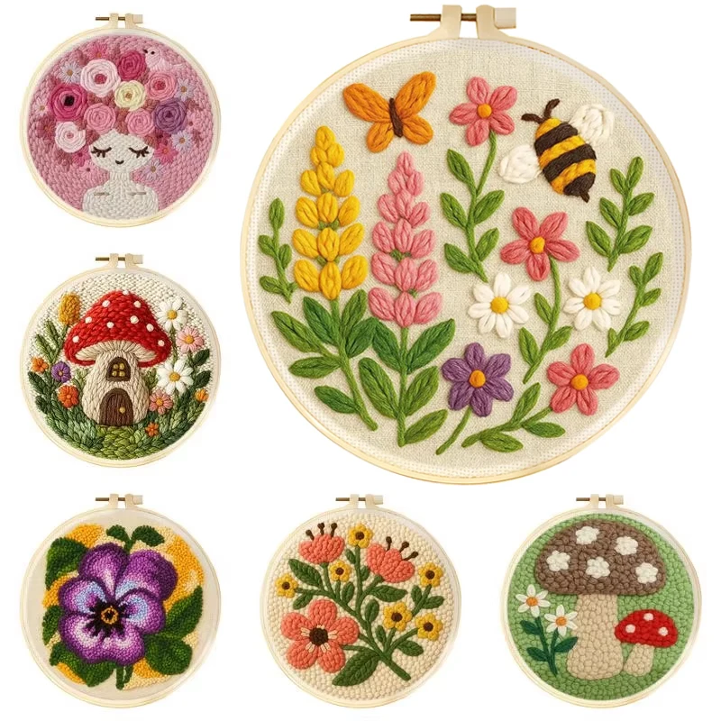 DIY Punch Needle Kits Mushroom Flowers Easy Punch Needle Embroidery Set for Beginners with Hoop Stamped Pattern for Craft Home D