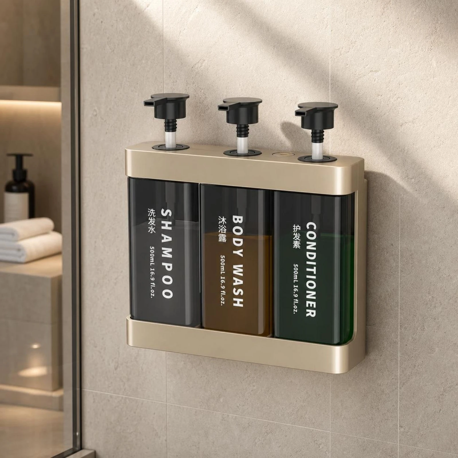Triple Shower Dispenser Drilldrillless 3 Chamber Soap Dispenser Adhesive Easy to Install for Bathroom, Hotel