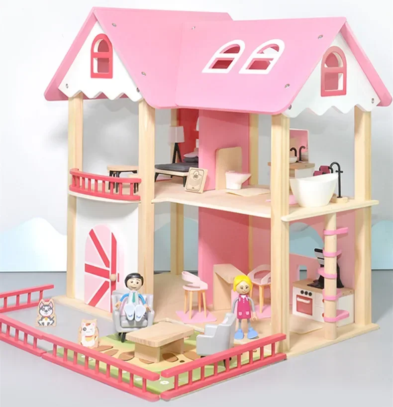 

50cm High Quality Wooden pink villa European princess doll room house Play house Puzzle Interactive Toys baby birthday gift