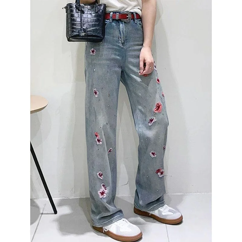 Jeans a gamba dritta a vita alta ricamati Ele Pantaloni dimagranti larghi drappeggiati estivi da donna Faionable coreano Sle