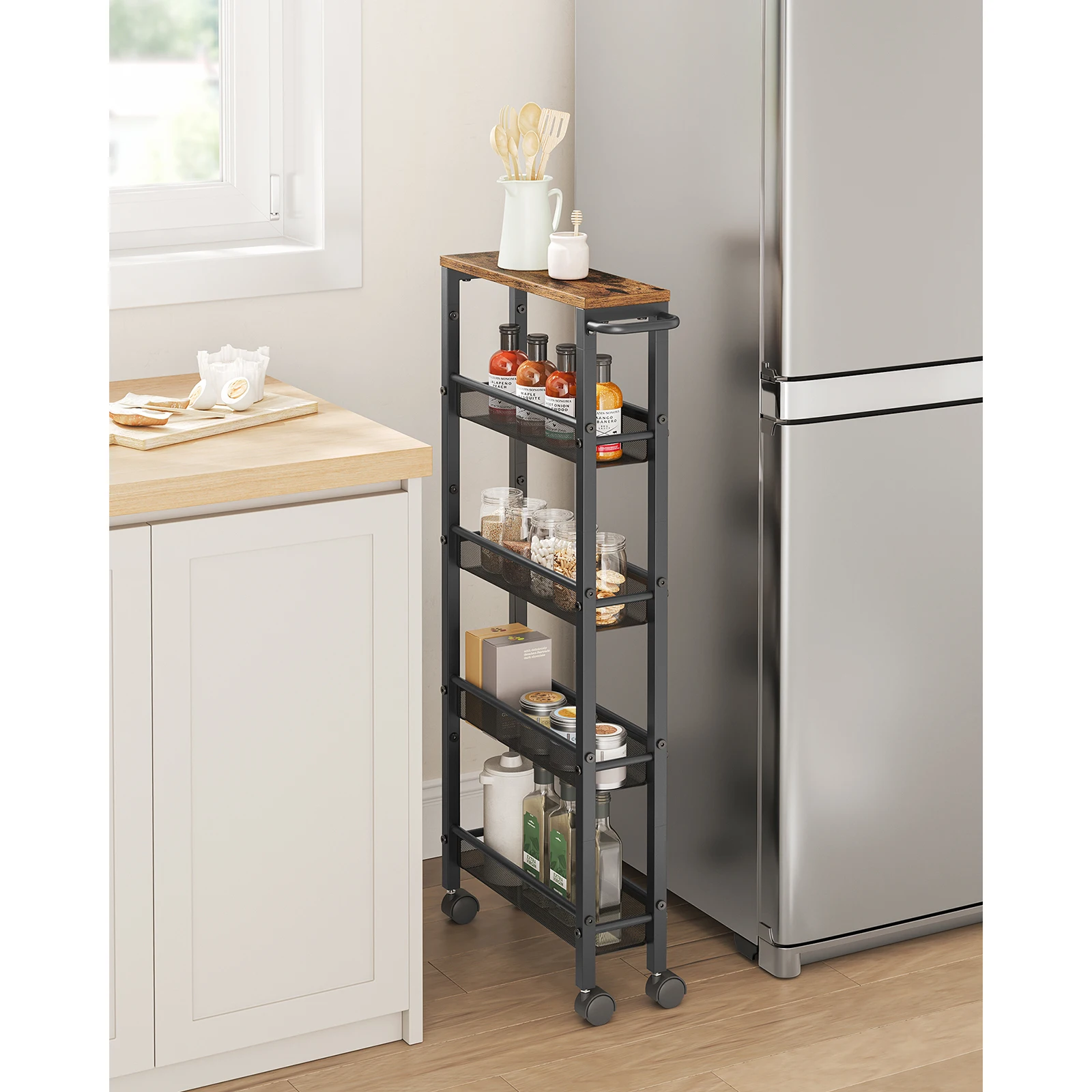 VASAGLE 5-shelf trolley with castors. Steel frame, handle. Ideal for small spaces. Perfect for kitchen, bathroom, living room