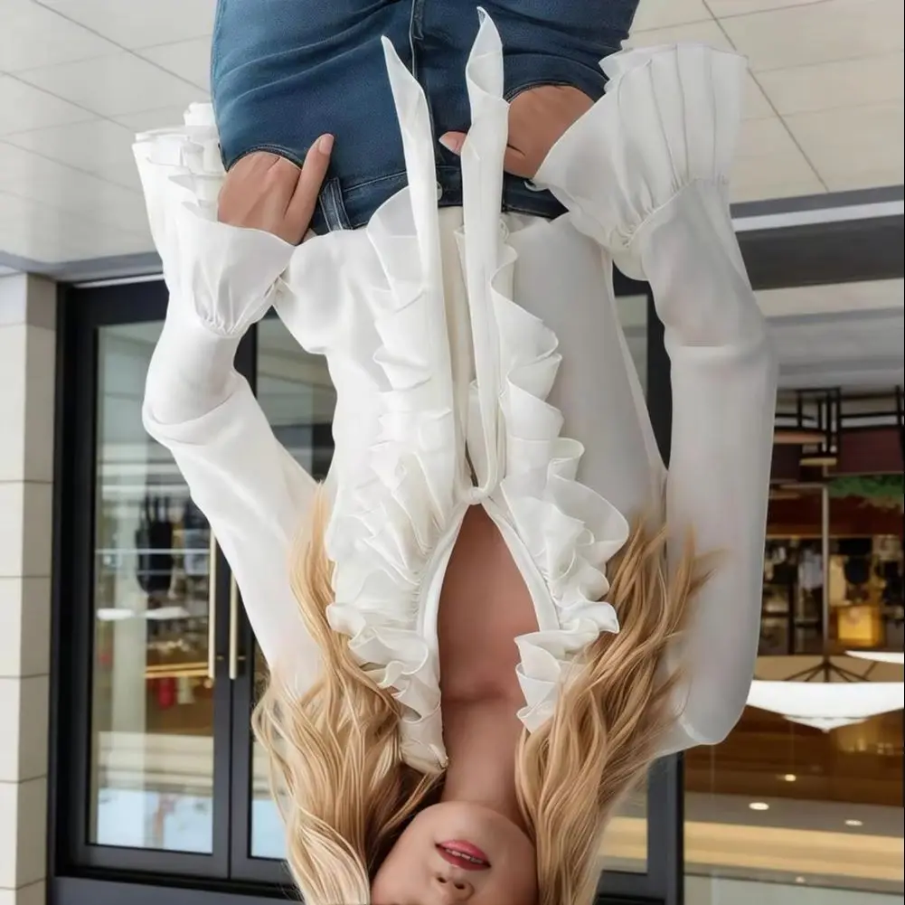 

2026 Spring Ruffle Design Blouse Women Shirt V-neck Ruffle Trim Flared Long Sleeve Tops Pure Color Office Lady Chiffon Shirt
