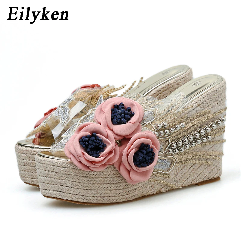 Eilyken Size 34-40 Transparent Platform Wedges High Heels Women Slippers Designer Flower Decoration  Banquet Dress Summer Shoes