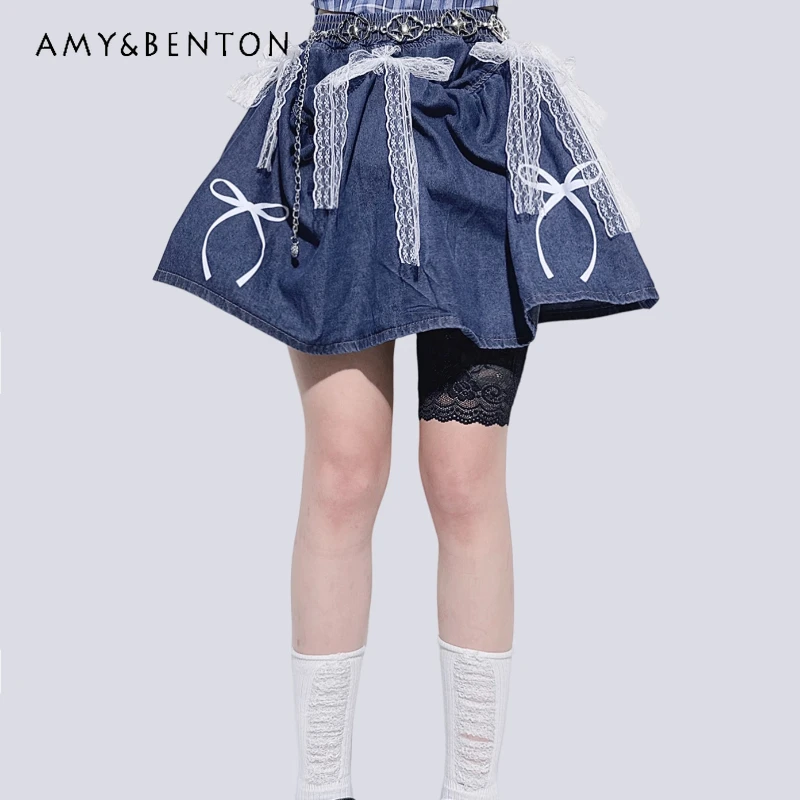

Original Blue Sweet Cool Lace Hollow Out Women's Long Skirt American Retro 2025 New Loose Slimming Versatile Denim Skirts Ladies