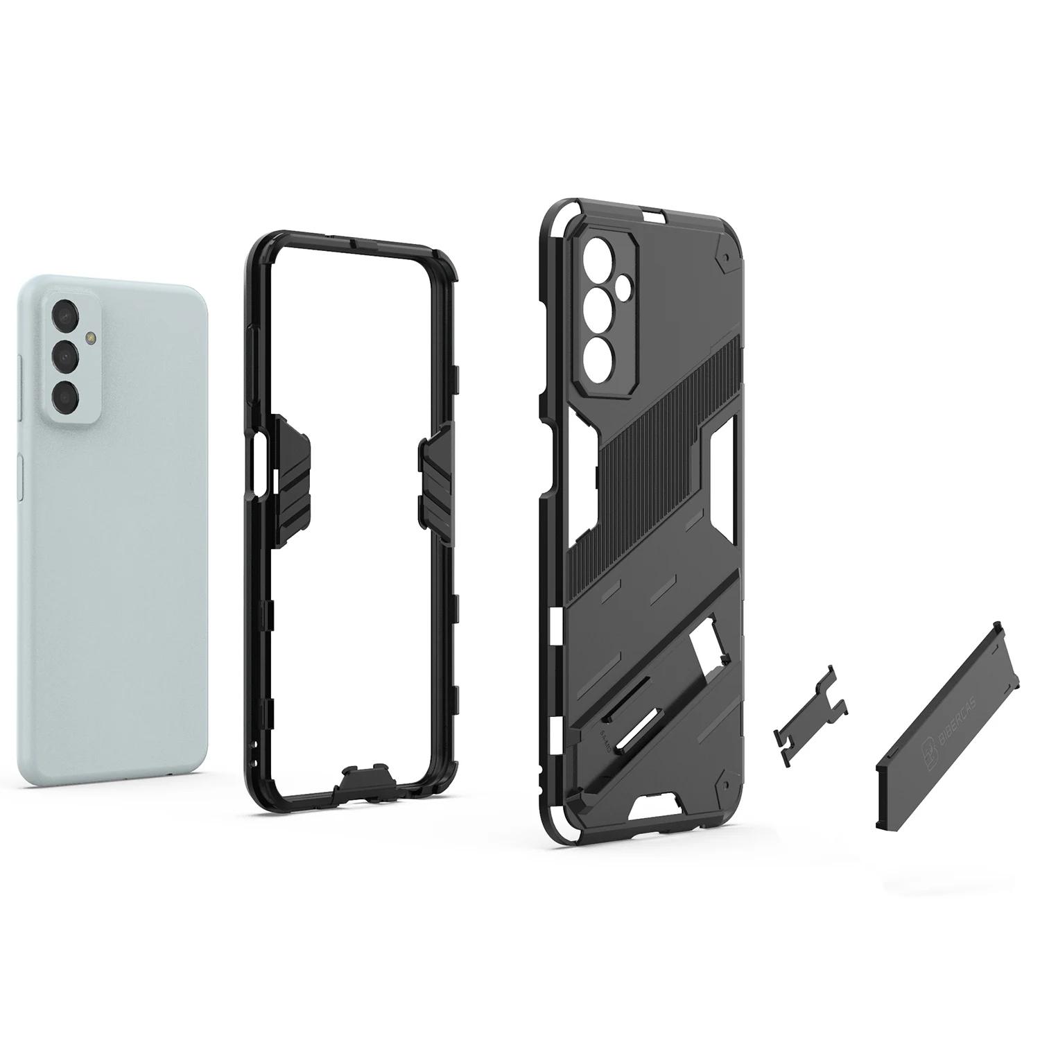 For Samsung Galaxy M13 4G Kickstand Protective Phone Case Drop-Proof Hard PC Soft TPU Hybrid Cover - Grey