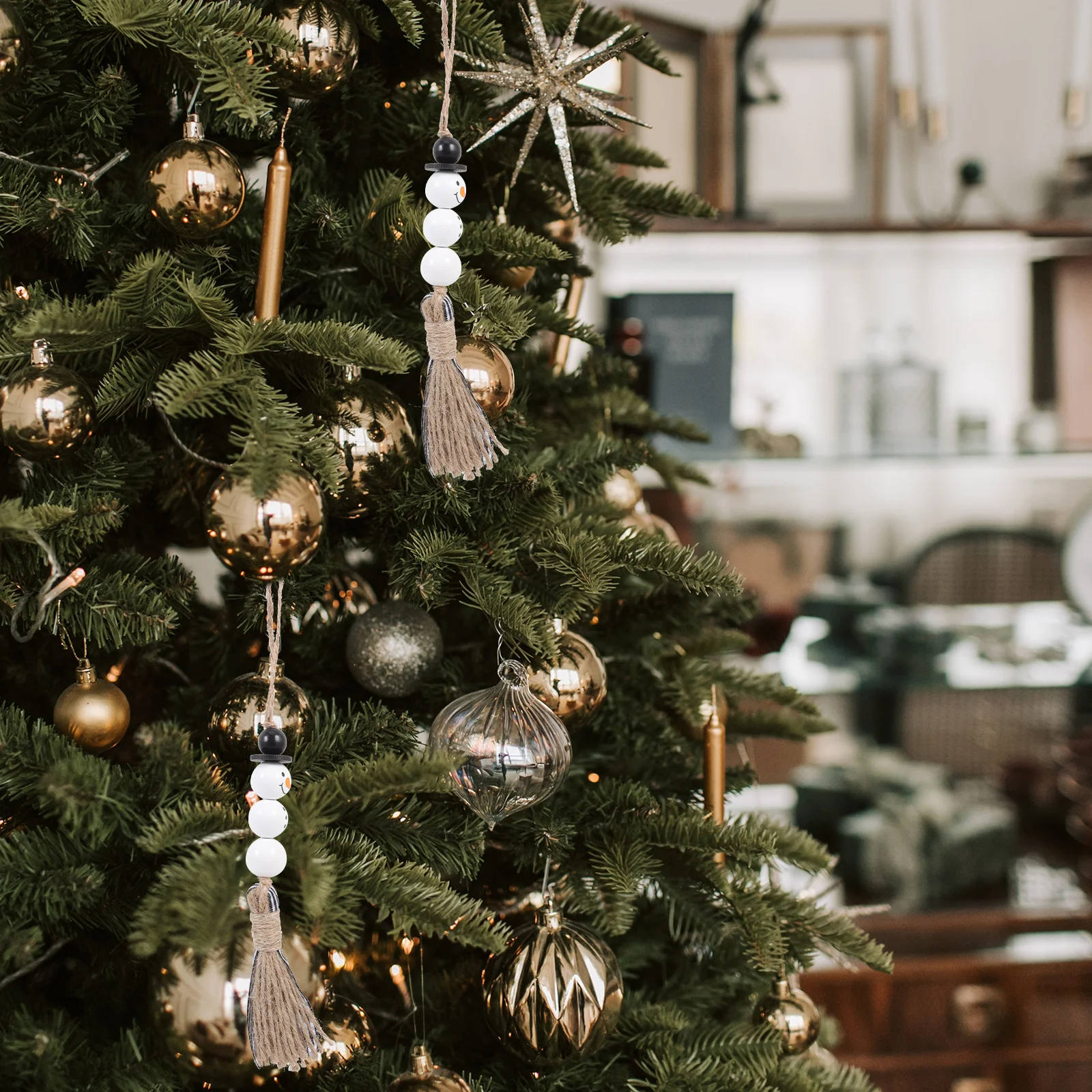 

2Pcs Christmas Snowman Wood Bead Pendant Rustic Xmas Hanging Decoration Wood Bead Craft Decor Festival Beads Decoration