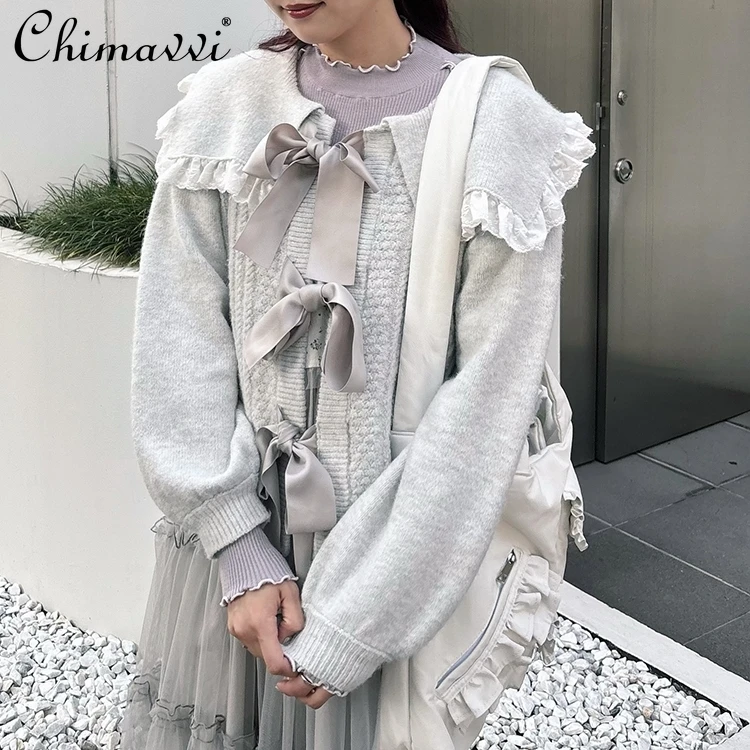 

Japanese Sweet Style Navy Collar Front Tie 3D Cable Knit Cardigan Women Spring New Fashion Long Sleeve Loose Womens Sweater Coat
