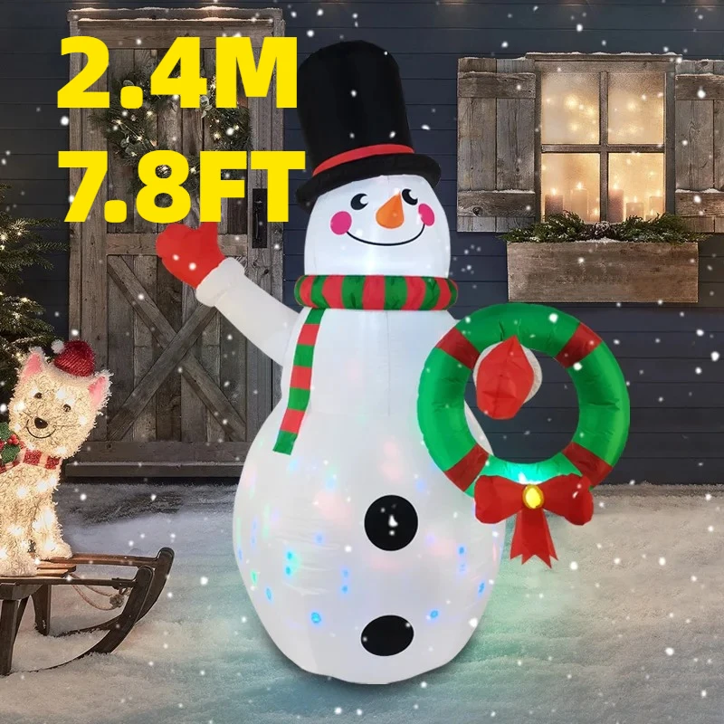 

2.4M/7.8FT Inflatable Christmas Snowman Wreath Lights LED Home Decorations Toys Yard Xmas Holiday Decor Supplies Outdoor Lawn