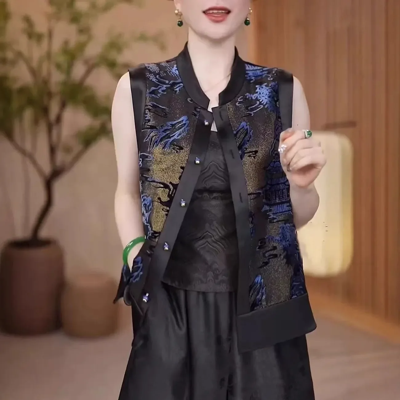 

Осенний новый жаккардовый жилет в китайском стиле в стиле ретро в национальном стиле, женский топ без рукавов, женские модные универсальные шикарные зимние пальто