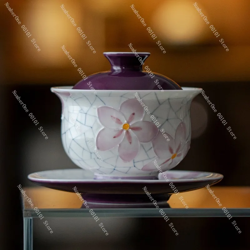 Hand-Painted Ceramic Gaiwan Tea Bowl, Ice-Crack Plum Blossom Design, Kung Fu Tea Set, Household Brewing Bowl, Artistic Tea Cup