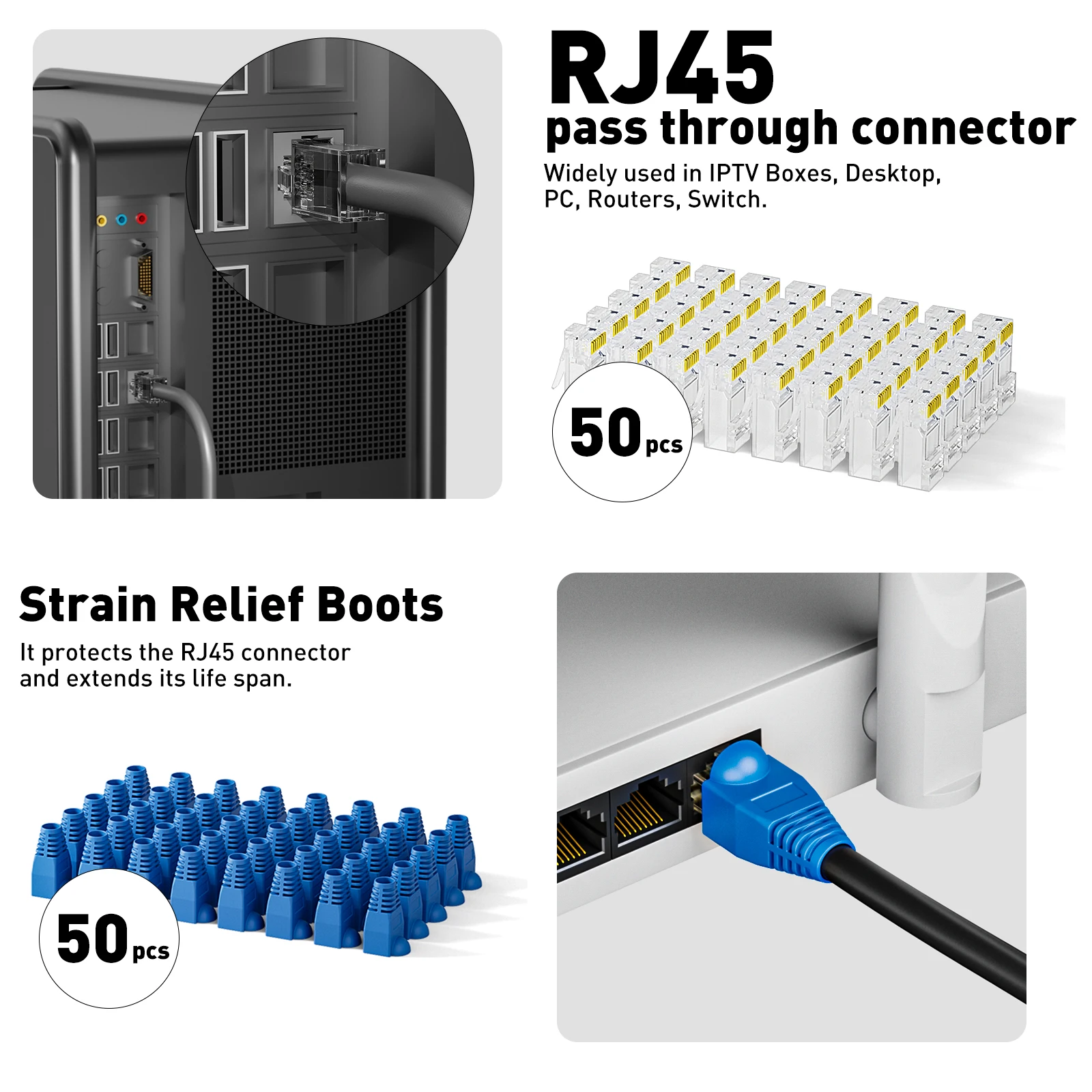 WoeoW 8 in 1 RJ45 Crimp Tool Kit,Crimper tool,Cable Tester,Wire Cutter,Blades,50Pcs Cat 6 Connectors and Strain Relief Boots