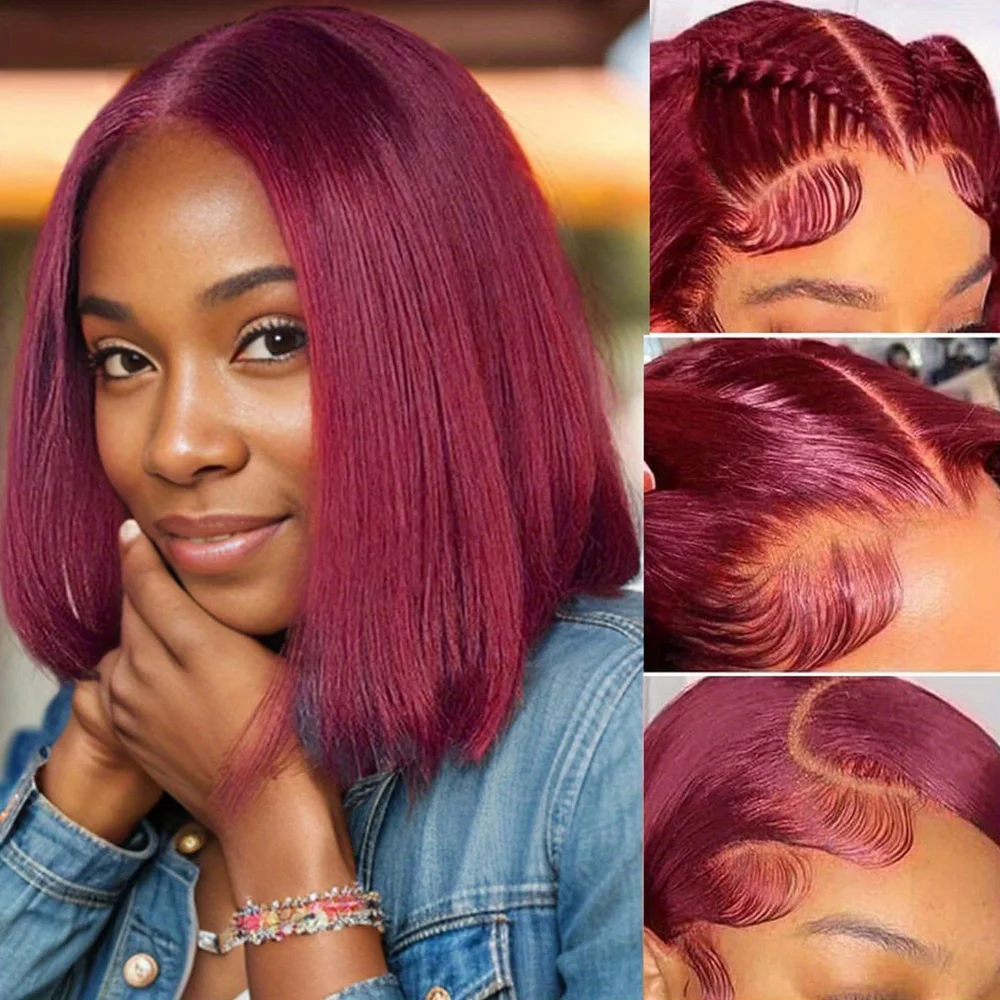 Burgundy Bob Wig Human Hair 13x4 HD Frontal Lace Straight 99J Short Human Hair Wigs Red Wig Front Human Hair Wig Colored Wigs - Image 3
