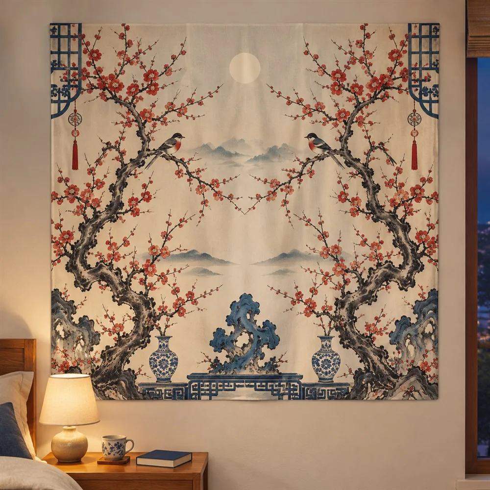 VIKAMA Plum Blossom Branch Mirror Symmetric Tapestry Wall Hanging, Oriental Wall Decor Tapestries for Living Room Bedroom