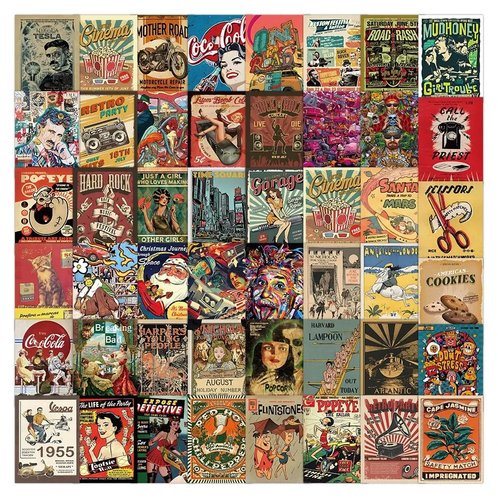 60PCS American Style Vintage Poster Cartoon Stickers Exquisite Fashion Sticker for Phone Computer Stationery DIY Toys Secret