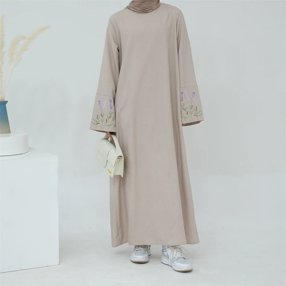 Flower Embroidery Dubai Abaya Modest Muslim Dress Women Loose Islamic Clothing Side Pockets Hijab Robe Casual Ramadan Eid