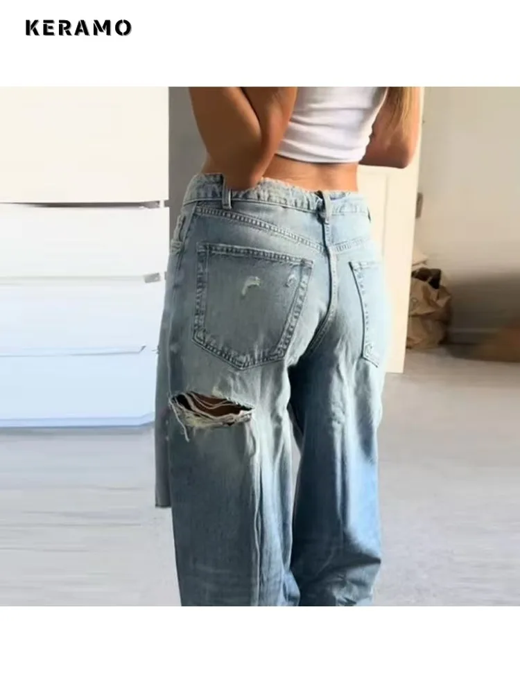 Jean ample bleu Vintage pour femme, pantalon en détresse, Kpop Y2K, dommages Emo, jambes larges, déchiré, Harajuku, hiver 2025