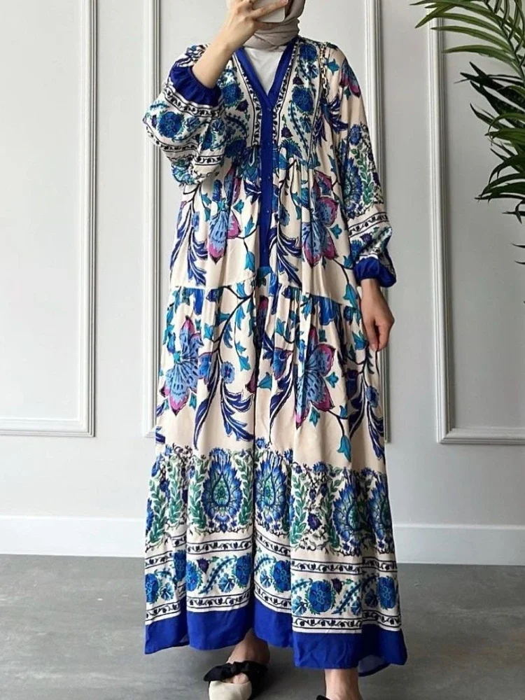 Eid muslimisches Kleid für Frauen Abaya Print Jalabiya Boho Maxi Party kleider Dubai Abayas Kaftan Abaya Islam Vestidos arabische lange Robe