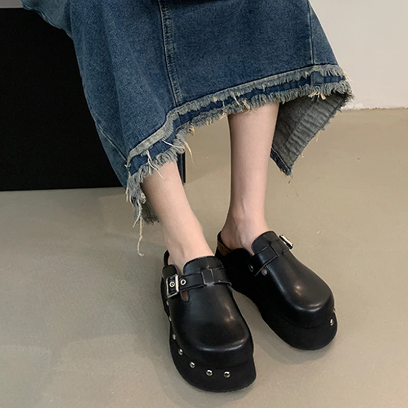 

6.5cm Black Block Heeled Slippers Women Punk Rivet Platform Sandals Summer Round Toe Belt Buckle Casual Shoes Chaussure Femme