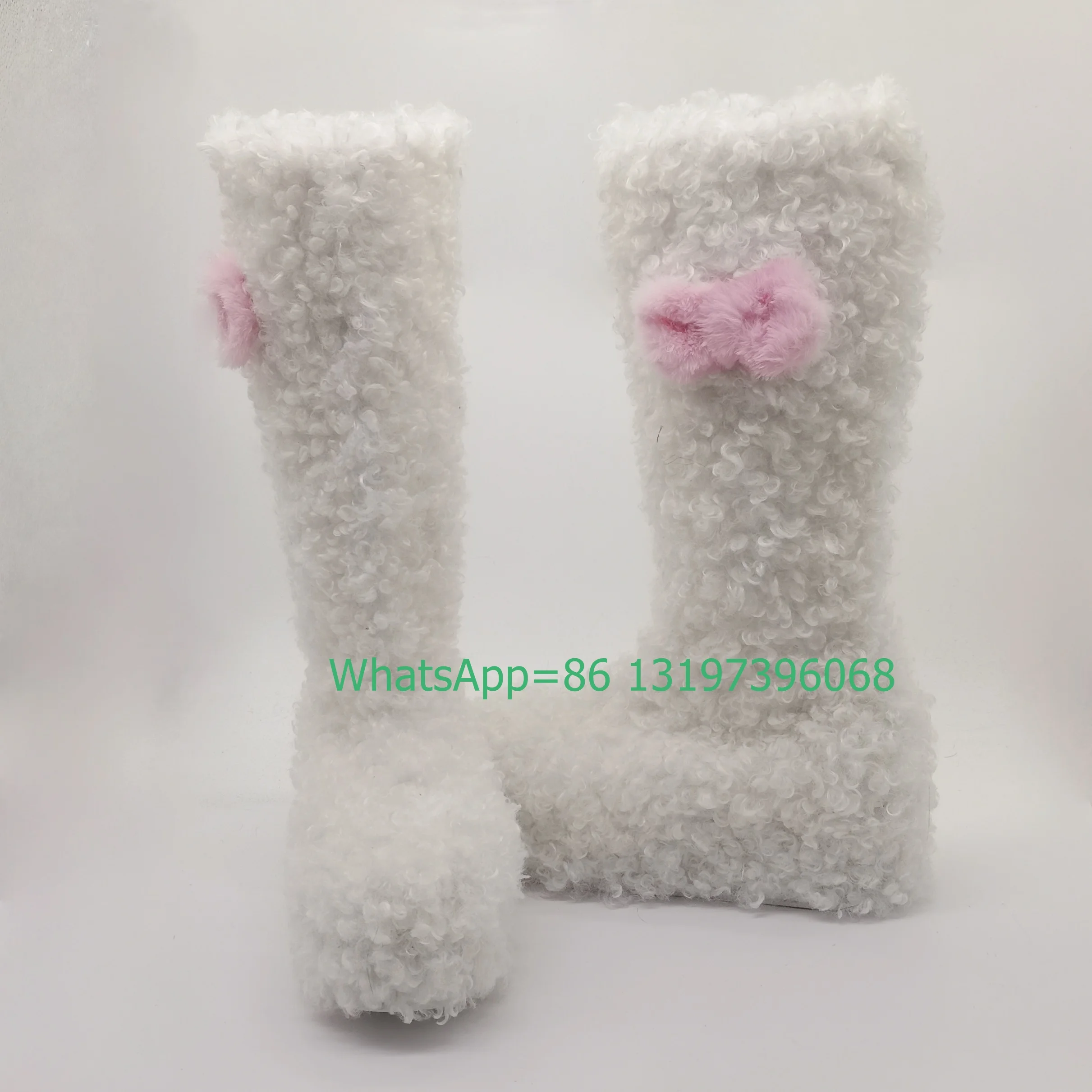 Lady curly fur design white platform pink boots bowtie design platform punk Y2K style wedges heel new arrive boots  size 35-46