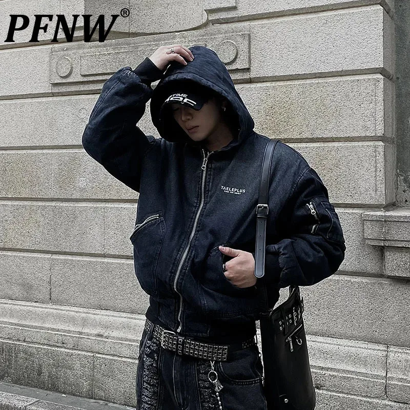 PFNW อเมริกัน Vintage Old Gradient Hooded ตัวอักษร Denim แจ็คเก็ตผ้าฝ้ายผู้ชายเสื้อสเวตเตอร์ถักหนาผ้าฝ้ายเบาะเสื้อ 2024 12C1786