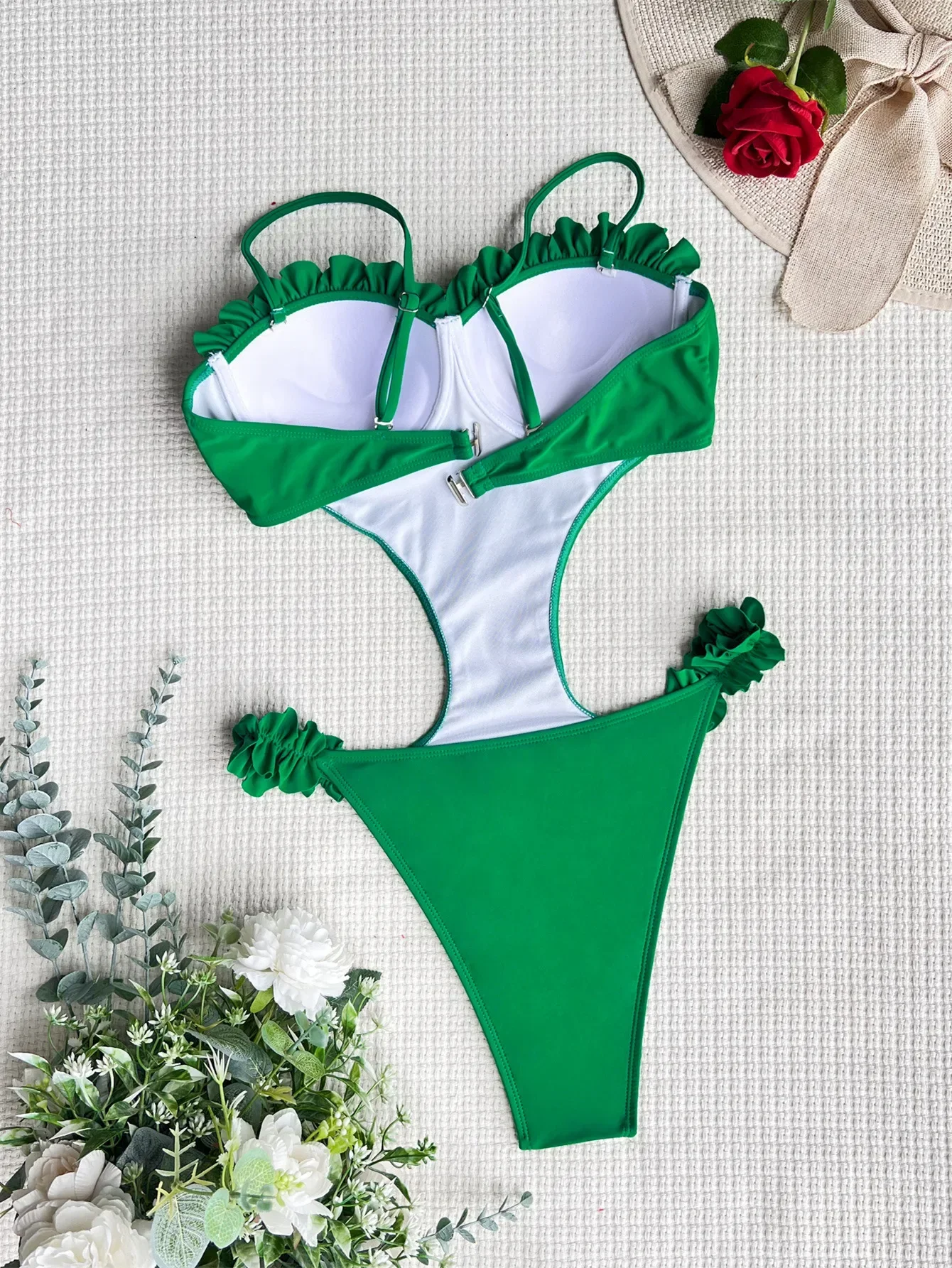 เซ็กซี่ push up ruffles ชุดว่ายน้ํา one piece underwire hollow out เอวบิกินี่ชุดว่ายน้ํา bodysuits ผู้หญิง biquini ชุดว่ายน้ํา