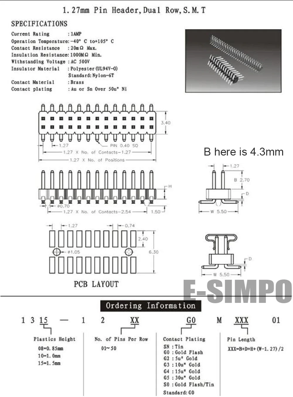 10pcs 1.27mm SMT Dual SMD Mlale Pin Header Gold-plated 2*3/4/6/8/10/20/40/50Pin PH4.3 Female Socket