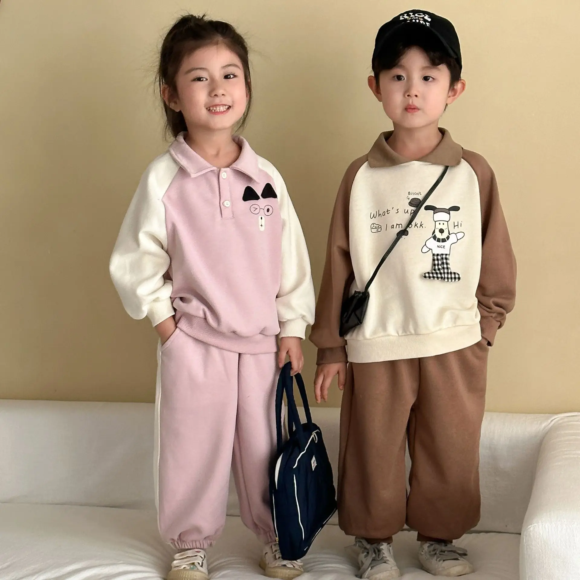 

Toddler Girls Autumn Sets Cartoon Printed Polo Top+Solid Color Pant Baby Girls Sport Set Splicing Color Two Piece Set